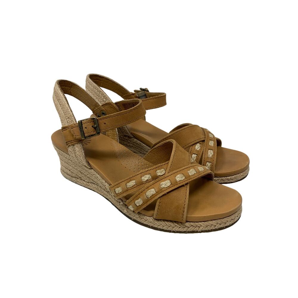 Ugg Mairi Espadrille Wedge Ankle Strap Sandals Womens Size 9 Tan Leather